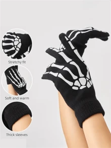 2 Pairs Glow-In-The-Dark Skeleton Touch Screen Gloves, Unisex Adult Halloween Skeleton Costume Accessories