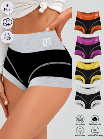 4 pezzi Mutande da donna in vita alta, design a contrasto di colore, confortevoli, traspiranti e morbide con tessuto elasticizzato