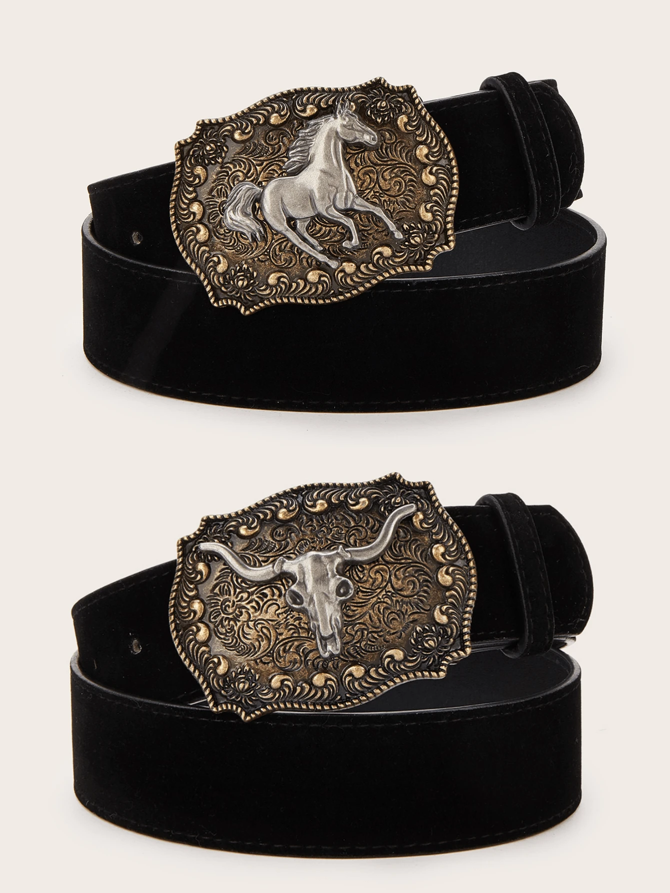 2pcs Western Cowboy Style Retro Buckle PU Leather Belt, Versatile For Jeans, Black Color Buckle May Have Random Paint Spill - Multicolor - View 1