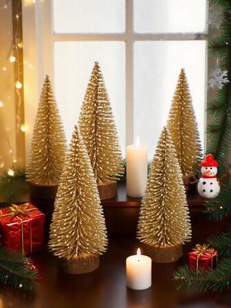 2pcs Christmas Gold Glitter Mini Pine Tree , Two Pieces Artificial Snow-Dusted Trees With Wooden Base, Festive Tabletop Decorations For Xmas, Ideal Christmas Centerpiece, Perfect For Holiday Home Decor And Party Ornaments, Great Gift Idea For Christmas Christmas Decorations Room Decor Winter Christmas Decorations Home Christmas Gifts Christmas Decor