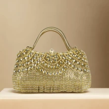 1pc New Rhinestone Embellished Evening Clutch Bag, Sparkling And Glamorous With Rhinestone Tassels. Handheld, Suitable For Weddings, Brides, Wedding Dresses, Matching Purses, Souvenirs, Metal Chain And Crossbody Bags. An Ideal Gift For Women. - Gold - View 2