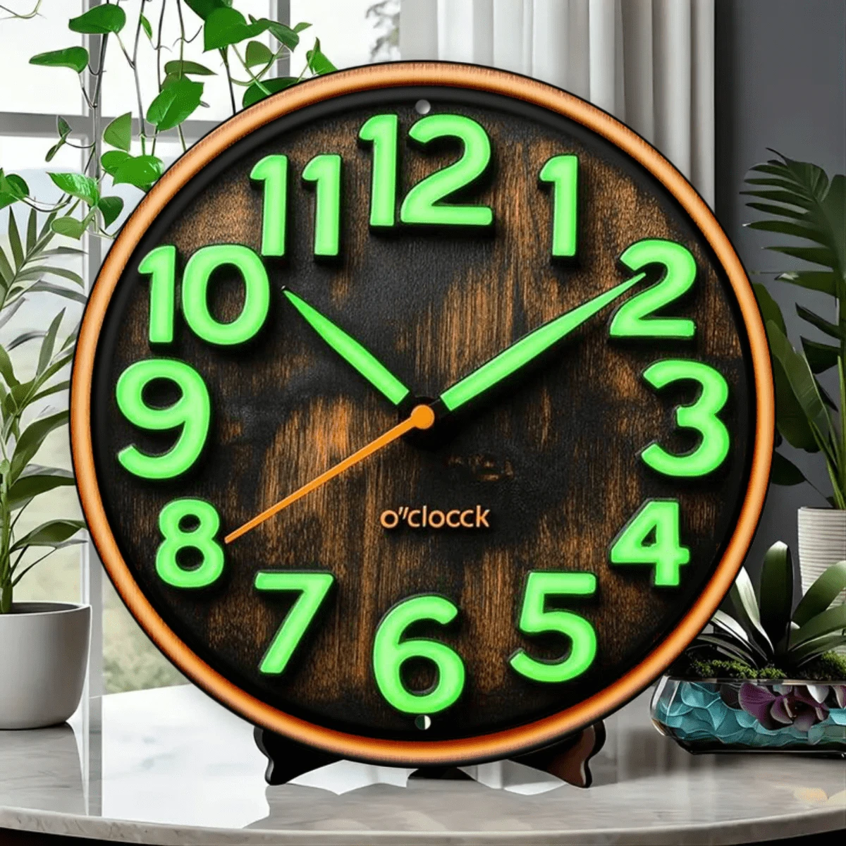 1个2D平面夜光金属钟表牌，绿色数字，复古风格，8英寸圆形墙面装饰，适用于家居、大堂、咖啡馆、酒吧、卧室、露台、房间等场所，不含支架，易于悬挂，并非真正的钟表