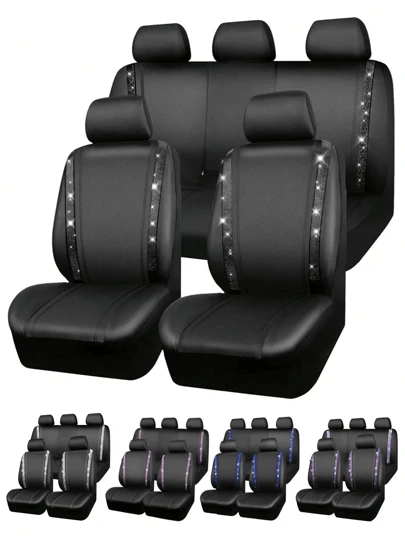 9 st/4 st sätesöverdrag i läder med diamanter och paljetter - universell passform | Glänsande kristallpaljettrandig design, söt och söt stil, lämplig för damer | Passar för pickup, sedan | Med airbag, mjukt tygmaterial | 9 st set: 2 sätesöverdrag fram + 1 ryggstödsöverdrag + 1 baksätesöverdrag + 5 nackstödsöverdrag, 4 st set: 2 sätesöverdrag fram + 2 nackstödsöverdrag | Moderna biltillbehör
