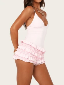 Women Y2k Summer Spaghetti Strap Romper V Neck Backless Tie Layer Ruffle Hem One Piece Shorts Jumpsuits Lace Up Back Playsuit Bodysuit Tummy Control Body Loungewear Sleepwear - 粉色 - 查看 2