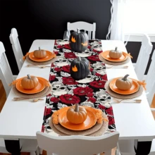 1/20 pièces Chemin de table d'Halloween, motif imprimé de fleurs rouges et de crânes blancs, décoration de table pour fête, événement, maison, cuisine, ferme, restaurant, décoration de vacances, décoration d'ambiance d'Halloween