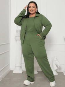 3-Piece Sweatshirt Set For Women, Plus Size, 2025 - 軍綠色 - 查看 1