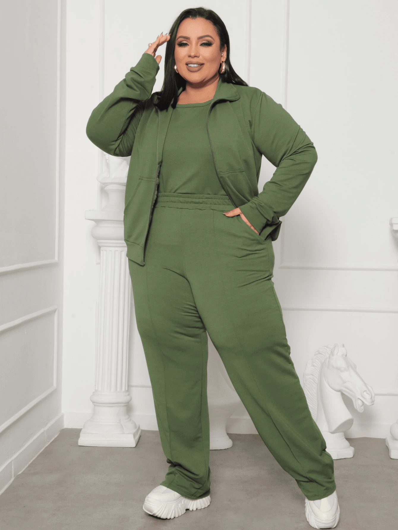 3-Piece Sweatshirt Set For Women, Plus Size, 2025 - 軍綠色 - 查看 1