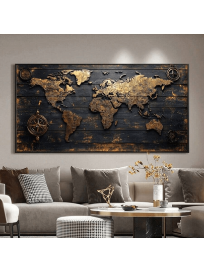 Grande mapa-múndi vintage e bússola em tela - decoração náutica rústica para sala de estar, quarto ou corredor - impressão abstrata 2D sem moldura em fundo com textura de madeira escura, decoração de sala de estar, estilo antigo, decoração estética de sala, 2D plano