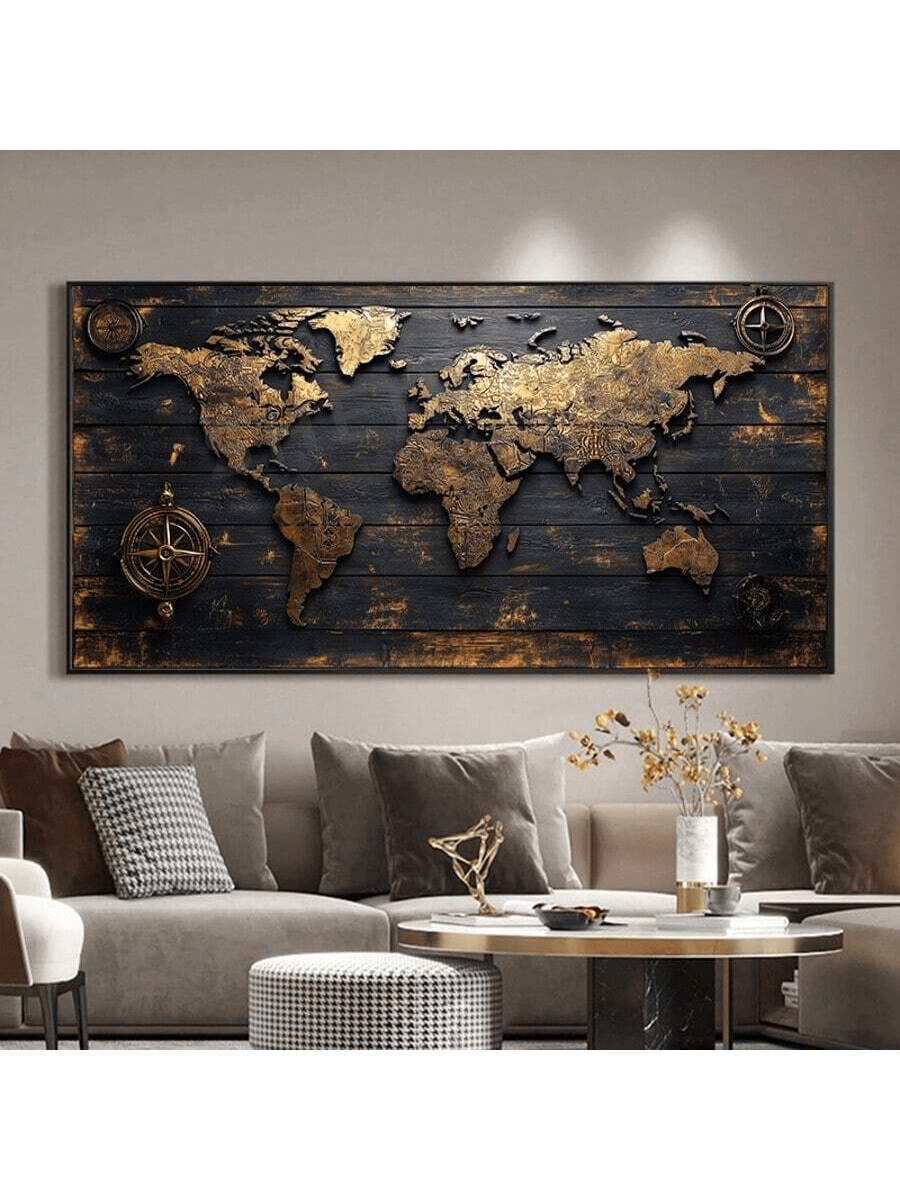 Duża, zabytkowa mapa świata i kompas na płótnie – rustykalny wystrój marynistyczny do salonu, sypialni lub przedpokoju – nieoprawiony, abstrakcyjny wydruk 2D na tle o ciemnej fakturze drewna, wystrój salonu, styl antyczny, estetyczny wystrój pokoju, płaski 2D