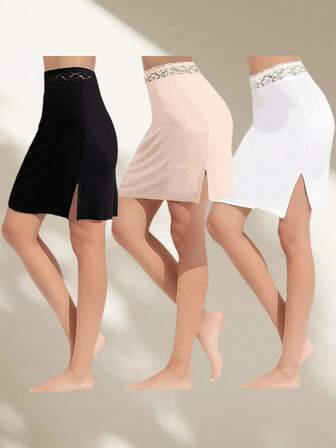 3pcs/1pc Women Lace Slip Dress Underskirt, Summer Anti-Flashing Solid Color Underskirt, Opaque Half Slip Dress Lining