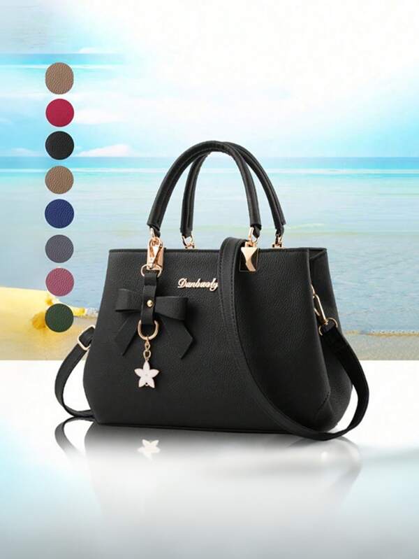 Women Purses Pu Leather Top Handle Satchel Handbags Zipper Tote Bags Messenger Bag With Bow Pendant Crossbody Bags Gift