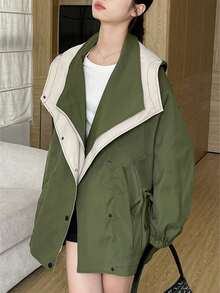 Stylish Women's Woven Fabric Long Sleeve Coat With Collar, Zipper And Pockets, Regular Length Design, Autumn/Winter - Green - View 5