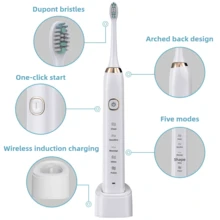 Escova de Dentes Elétrica 5 Modos 8 Cabeças de Escova Reposição Carregamento Sem Fio Grau Ipx7 À Prova d'Água Inclui Caixa de Viagem Casual Presente Ideal para Casa e Viagens de Adultos para Proteger a Saúde Bucal com Clareamento dos Dentes