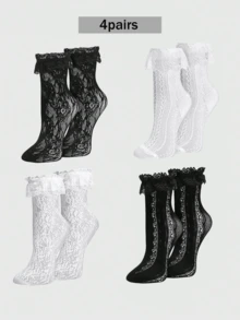 4 Pairs Women's Lace Mesh Ankle Socks - Summer Breathable Socks With Ruffled Trim, Lolita Style Socks - 4pairs - View 1