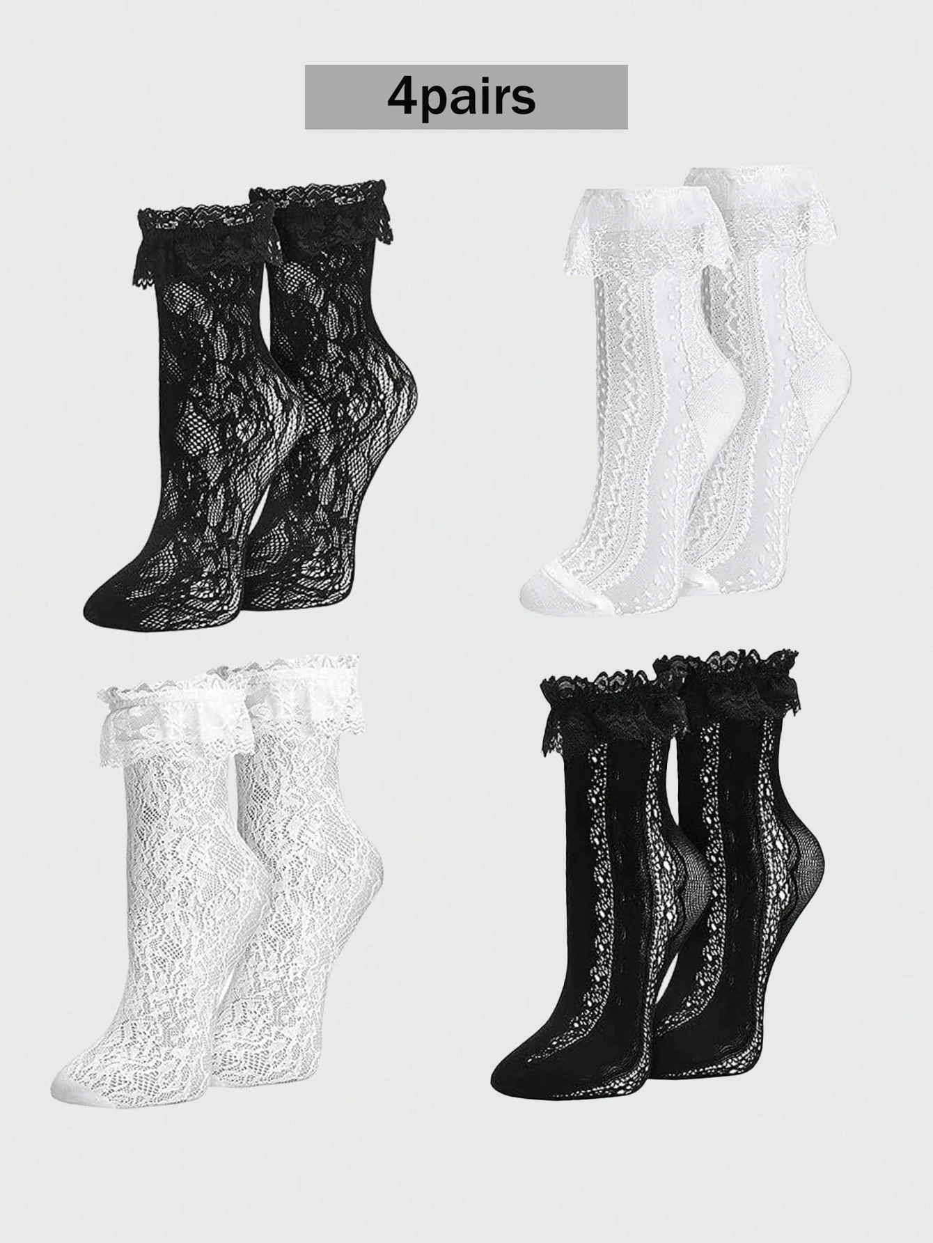 4 Pairs Women's Lace Mesh Ankle Socks - Summer Breathable Socks With Ruffled Trim, Lolita Style Socks - 4pairs - View 1