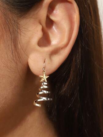 1 对 2 件圣诞螺旋耳环，多层螺旋五角星耳环，时尚圣诞树耳环，圣诞礼物，优雅的节日风格，独特的礼物，适合日常佩戴、节日、旅行，是送给女性、她、妻子或朋友的完美礼物，圣诞节、情人节、母亲节、新年珠宝