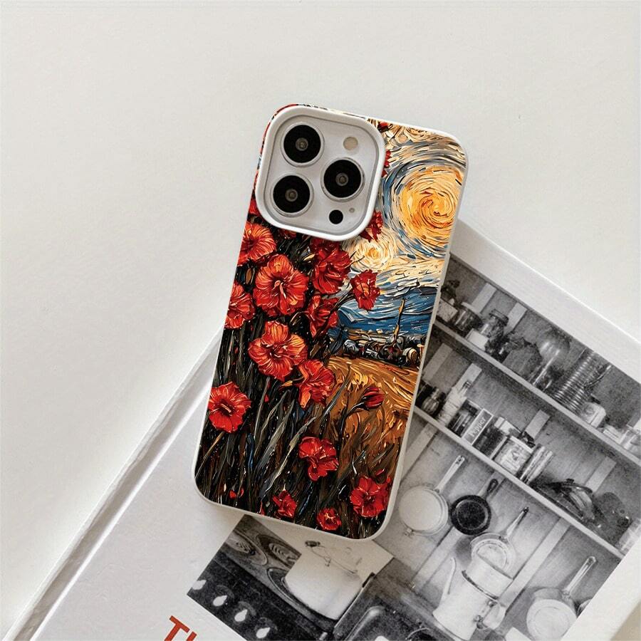 Fundas y carcasas protectoras con diseño de flores rojas y estrellas, con orificios grandes. Compatibles con phone 16 Pro Max, 16, 15 Pro, 14, 14 Plus/14 Pro Max, 13, 13 Pro, 12 Pro, 11/11 Pro y la serie Pro. Regalos para cumpleaños y festividades - Blanco - Ver 1