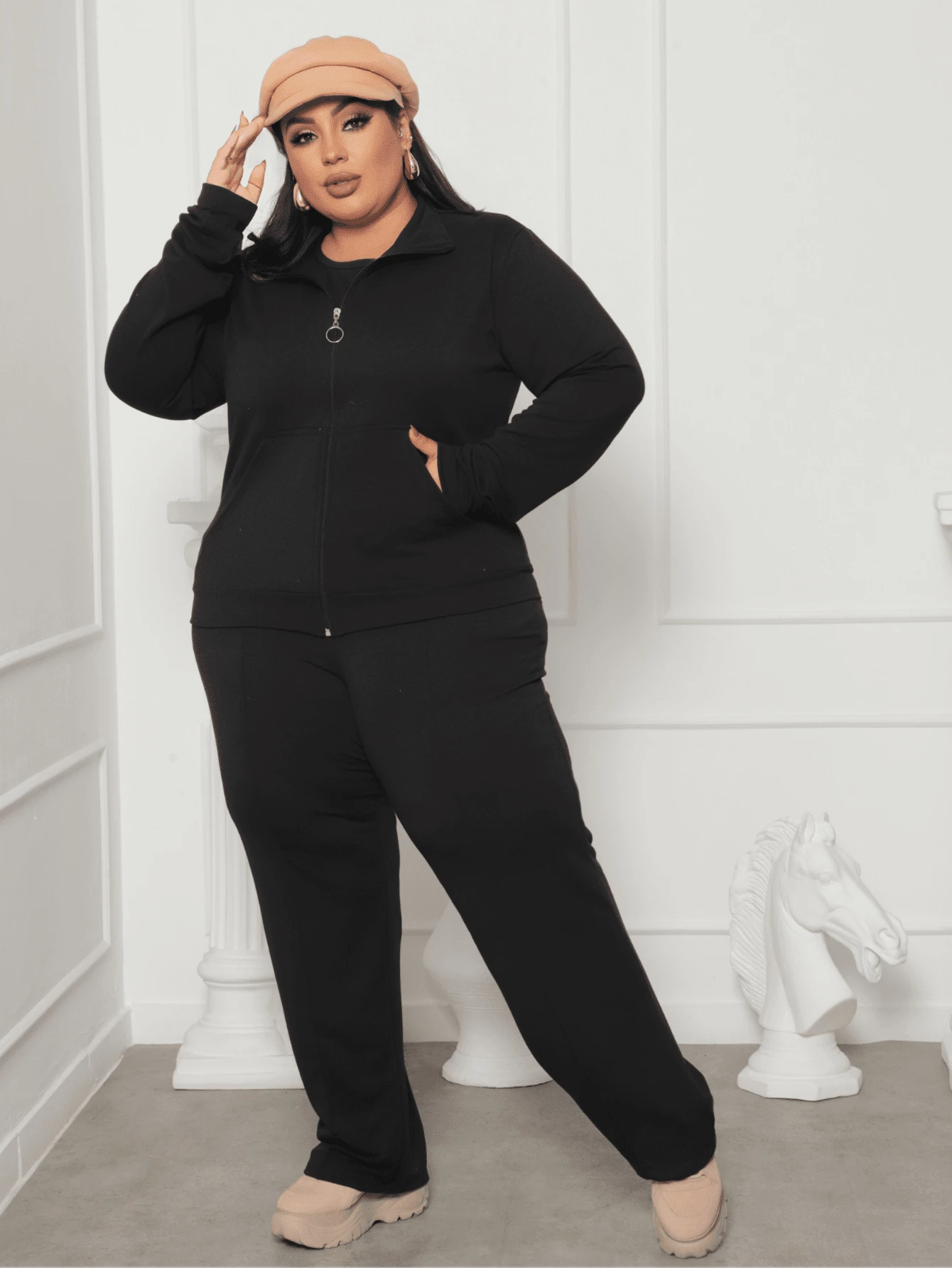 3-Piece Sweatshirt Set For Women Plus Size Fashion - 黑色 - 查看 1