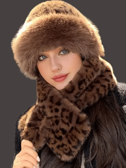 Conjunto De 2 Peças: Cachecol E Gorro De Lã Com Estampa De Leopardo Vintage, Protetor De Orelhas Grossa Para Mulheres, Gorro E Protetor De Cabeça De Inverno Com Camada Dupla.