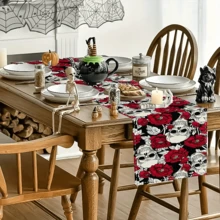 1/20 pièces Chemin de table d'Halloween, motif imprimé de fleurs rouges et de crânes blancs, décoration de table pour fête, événement, maison, cuisine, ferme, restaurant, décoration de vacances, décoration d'ambiance d'Halloween