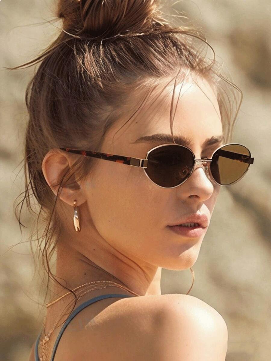 1pc Women's Gold Metal Frame Leopard Print Leg Full Frame Retro Fashion Glasses , Suitable For Vacation, Street Style - Gold - View 1