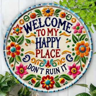 2D 1件装 7.8x7.8 英寸“欢迎来到我的快乐之地”标牌，2D平面印刷墙饰，适用于家居、派对、咖啡馆、卧室、酒吧，随机打孔款式