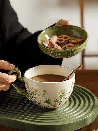 1 件百合图案陶瓷杯带盖，大容量早餐杯、牛奶杯、酸奶碗、下午茶杯、甜品饮料杯，适用于家庭、餐厅、咖啡厅、甜品店、礼物、派对