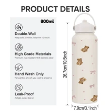 HILAKE 800ml Tazza da viaggio in acciaio inossidabile isolata con stampa a fiocco d'orso, portatile con manico e coperchio, regalo perfetto per famiglia, amici, sorelle, fidanzata, moglie - ideale per bevande calde e fredde, ottimo per Natale e San Valentino - Multicolore - Visualizzare 3