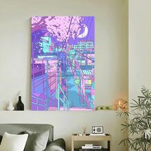 Framed 1pc Vibrant 80s Neon City Street Canvas Poster - Vaporwave-Inspired Anime Art Print With Japanese Street & Moon Scene,  Wall Decor For Modern Living Room, Bedroom, Home Office, Kawaii Room Decor - Đóng khung (Framed) - Xem 1