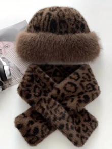 Conjunto De 2 Peças: Cachecol E Gorro De Lã Com Estampa De Leopardo Vintage, Protetor De Orelhas Grossa Para Mulheres, Gorro E Protetor De Cabeça De Inverno Com Camada Dupla.