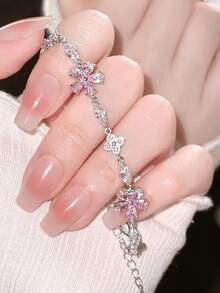 1pc Ins Style Sweet Cherry Blossom Pink Crystal Bracelet For Women