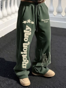 Straight Leg Sweatpants With English Print, Loose Fit, Unisex, Casual Street Style, Comfortable, Suitable For Gym, Streetwear, All Season