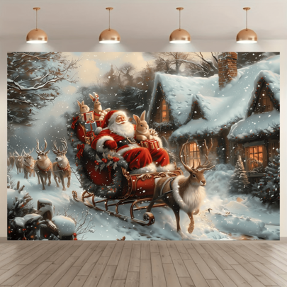 1pc Christmas Background Banner With Santa Claus, Reindeer And Little Rabbits, Suitable For Winter Parties, Christmas, Festival Celebrations, Indoor And Outdoor Home Decoration, Gardens And Outdoor Activities, Party Theme Decoration.