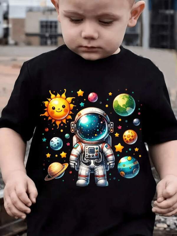 Camiseta Infantil Estampada con Diseño de Astronauta,Sol Sonriente,Planetas y Estrellas Divertidas  Ropa Cómoda y Moderna para Niños