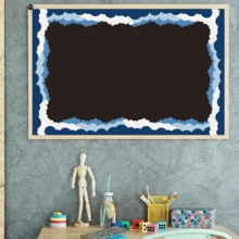 32 pies Bordes adhesivos estilo boho azul con nubes, decoración para tablones de anuncios, paredes, escritorios, ventanas, puertas, armarios, escuelas, aulas, hogares escolares y oficinas