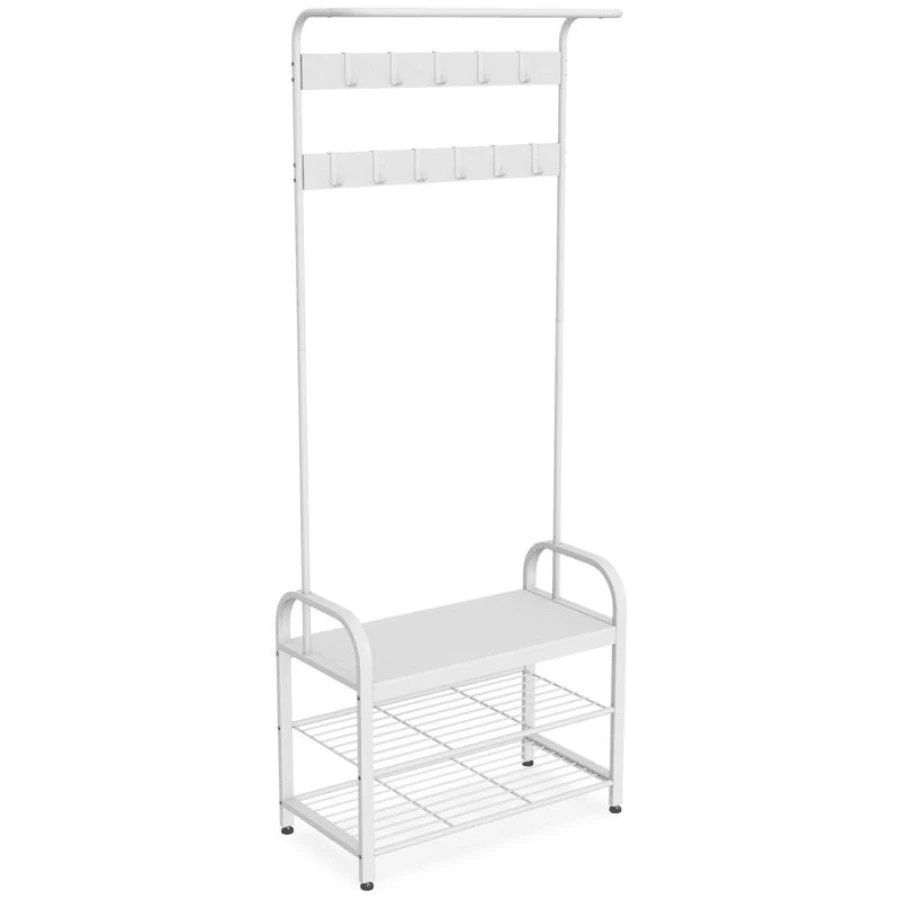 Entryway Coat Hanger & Shoe Rack Hanging Metal Organiser Shelf - White - View 1