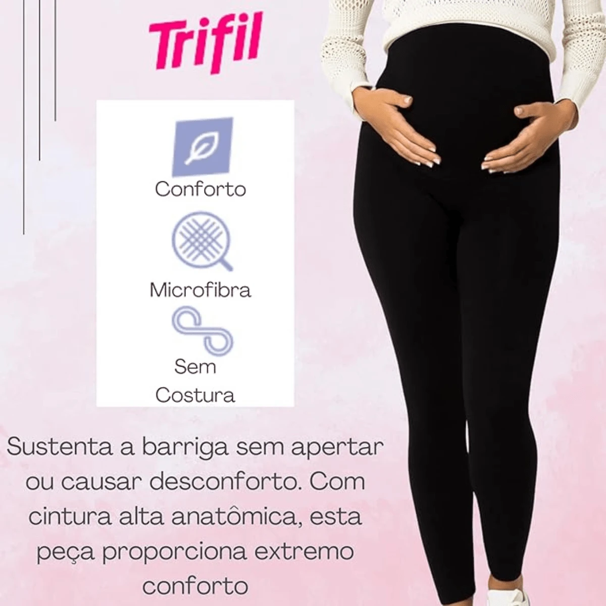 Calça legging gestante trifil roupa maternidade alto conforto sustentação barriga cós alto calça para grávida mamãe mãe - Preto - Visão 1