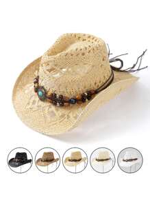 1pc Zirconia Chain Decor Breathable Hollow Out Cowboy Hat, Unisex Fashion Personalized Summer Sun Hat, Suitable For Beach, Vacation, Daily Wear