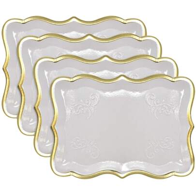 Elegant White And Gold Rim Disposable Serving Trays White Rectangle Dioposable Paper Plates With Gold Rim Border For Dessert Display Table Parties Disposable Paper Cardboard In Elegant Shape For Platters Cupcake Display Birthday Party Weddings Bridal Shower Picnic Family Daily Use