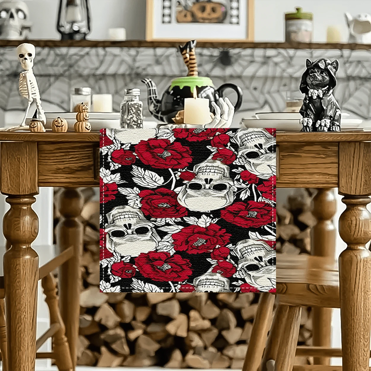 1/20 pièces Chemin de table d'Halloween, motif imprimé de fleurs rouges et de crânes blancs, décoration de table pour fête, événement, maison, cuisine, ferme, restaurant, décoration de vacances, décoration d'ambiance d'Halloween