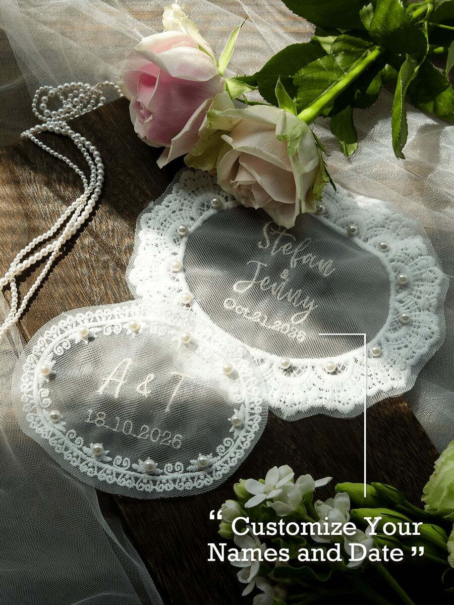 Miếng vá ren thêu tên và ngày cưới theo yêu cầu, phụ kiện trang trí váy cưới tùy chỉnh với nơ ruy băng hình trái tim và hình bầu dục. Quà tặng kỷ niệm hoặc lễ đính hôn. - Sáng - Xem 1