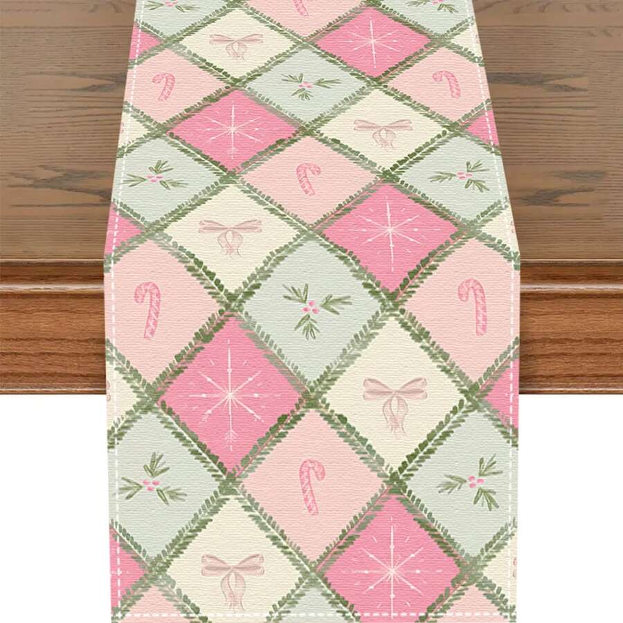 1/20pcs Christmas Table Runner, Rectangular Table Runner With Candy Cane And Diamond Pattern Design, Suitable For New Year And Christmas Decoration, Party Table Runner, Kitchen Accessories, Room Decoration And Outdoor Decoration, Christmas Gift
