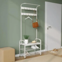 Entryway Coat Hanger & Shoe Rack Hanging Metal Organiser Shelf - White - View 2