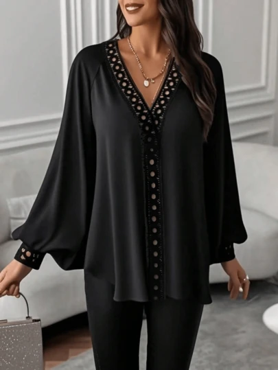 Classic Solid Color Floral Lace Long Sleeve Shirt Black Spring