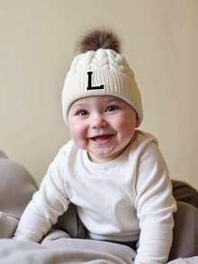 1 pieza Gorro de bebé con letra A-Z tejido, gorro de punto recién nacido, gorro cálido, unisex para bebé, sombrero de bebé versátil de unicolor - Blanco - Ver 2