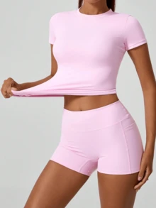 NcmRyu 1 Set Solid Color Women's Casual Sports Fitness Sweet Short Sleeve Top And Booty Shorts Set Comfortable Activewear For Fitness Gym Running And Outdoor Activities Spring Summer - 粉色 - 查看 1
