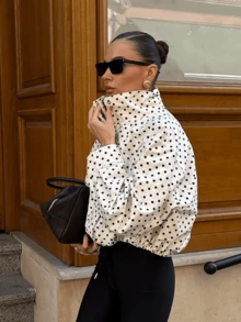 GDDYIN 女士秋季新款抽绳拉链波点立领休闲学院风外套 白色 春季 - 白色 - 查看 8