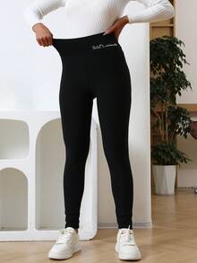 1pc Winter Sport Tights High Waist Thick Wool Letter Embroidery Warm Velvet Thick Thermal Fleece Winter Women, Cozy - Black - View 4