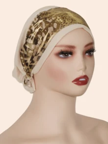 1pc Women's Fashionable Leopard Print Metallic Fabric Hijab Headscarf, Convenient For Home And Daily Wear, Middle Eastern Style, Autumn/Winter