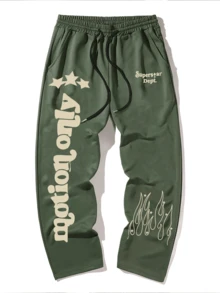 Straight Leg Sweatpants With English Print, Loose Fit, Unisex, Casual Street Style, Comfortable, Suitable For Gym, Streetwear, All Season